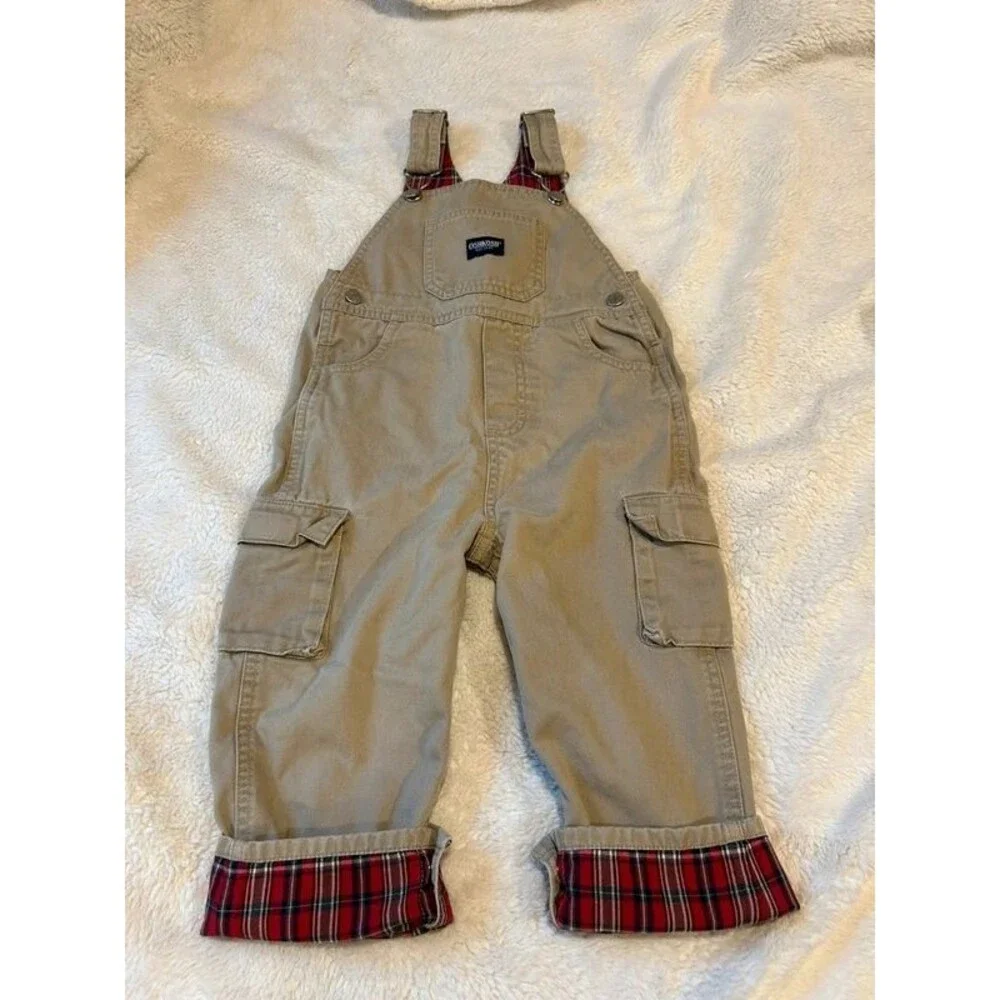 Vintage OshKosh 24M Boys Cargo Khaki Red Plaid Lined Overalls Fall Season